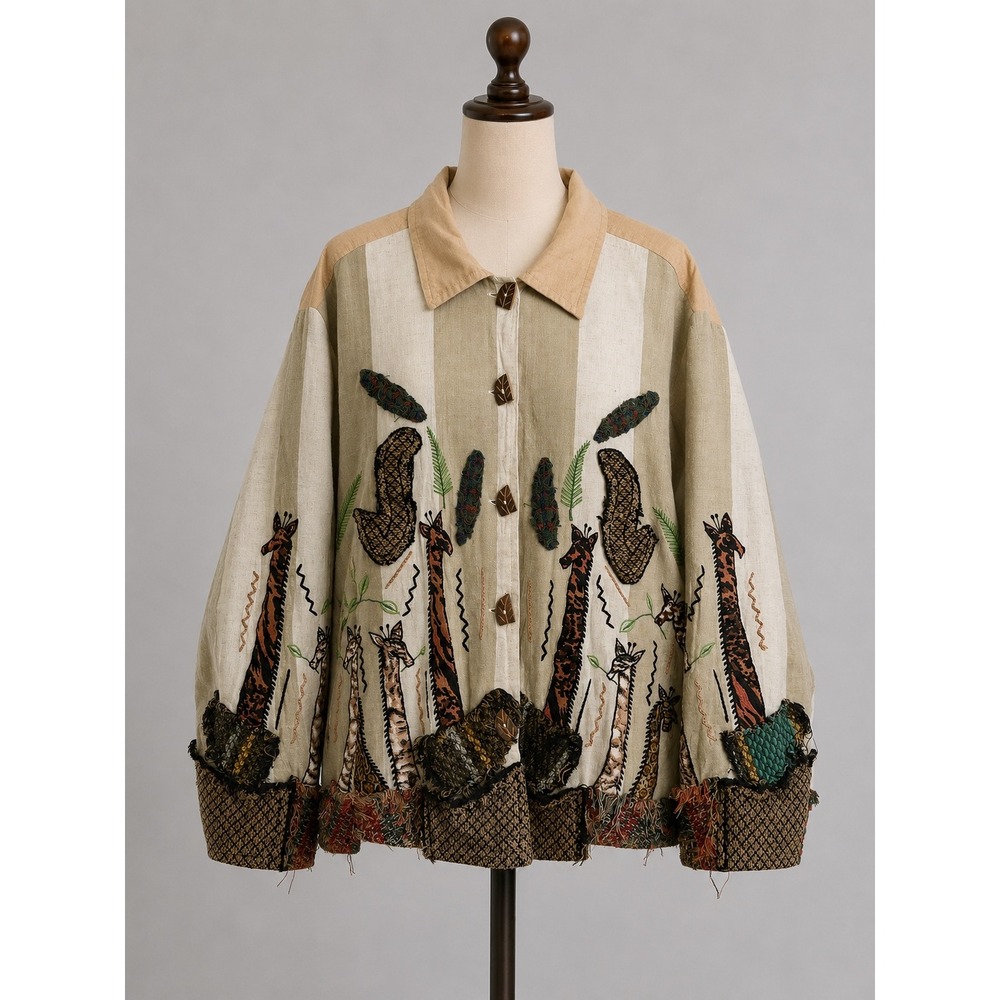 Vintage New Direction Womens XL Linen Giraffe Embroidered Art to Wear Jacket Tan
